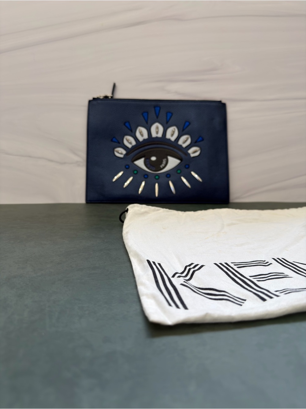 Kenzo Navy Blue Eye-Appliqué Leather Clutch